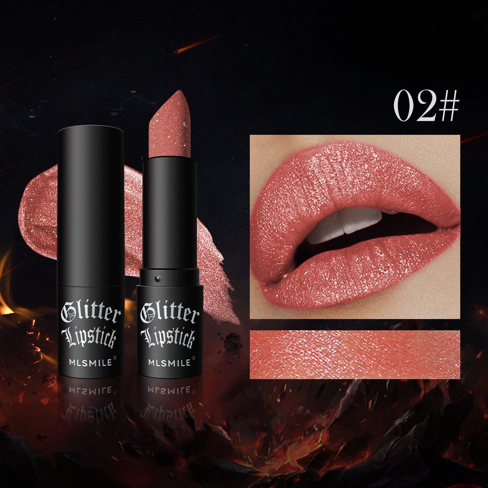 Glitter lipstick with black packaging, close-up of lips wearing the lipstick, and color swatch on a dark background.