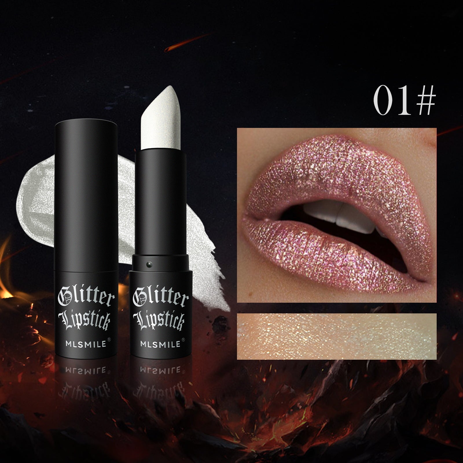 Two black glitter lipsticks with a close-up of a glittery lip color on a dark background.