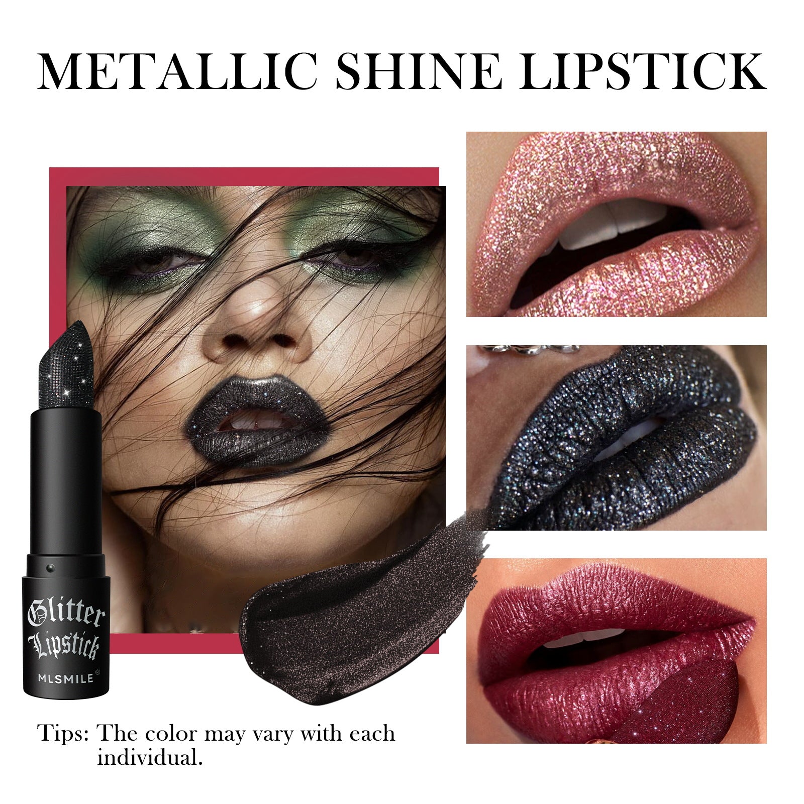 Collage of metallic shine lipstick with close-ups on lips and the lipstick itself.