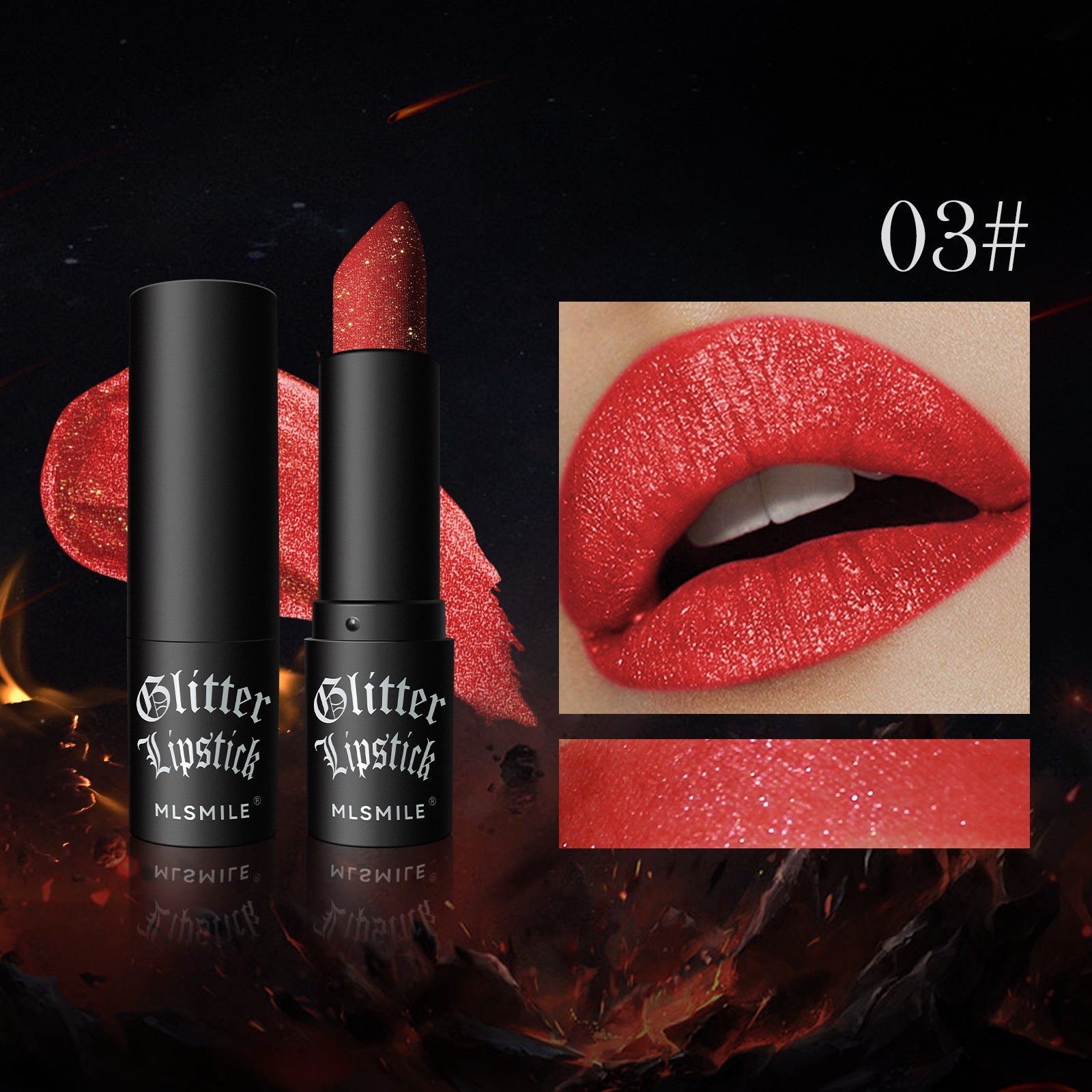 Two glitter lipstick products with a close-up of a red lip wearing the lipstick, on a dark background.