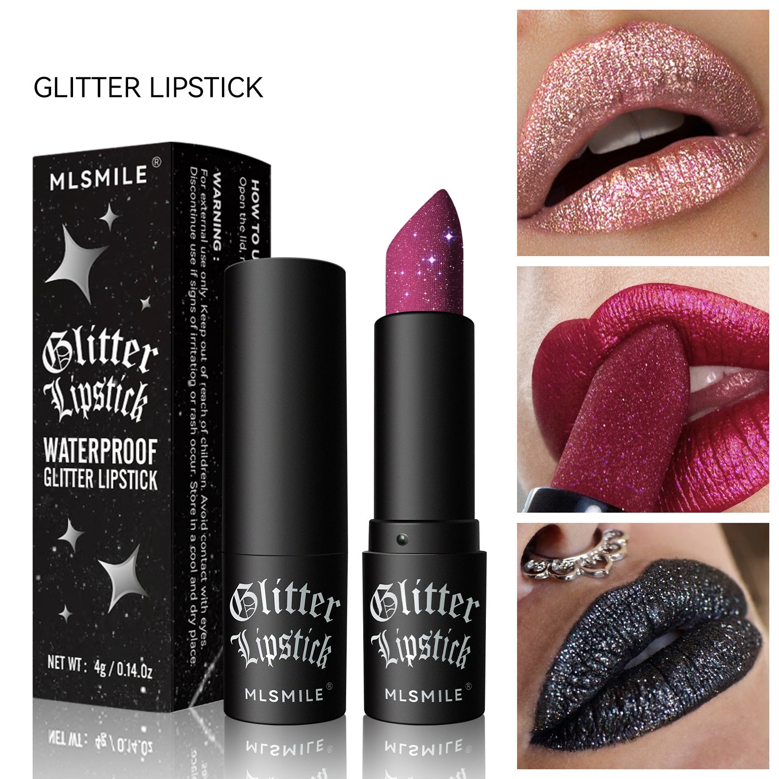 Waterproof Glitter lipstick with packaging and close-up shots of application on lips.