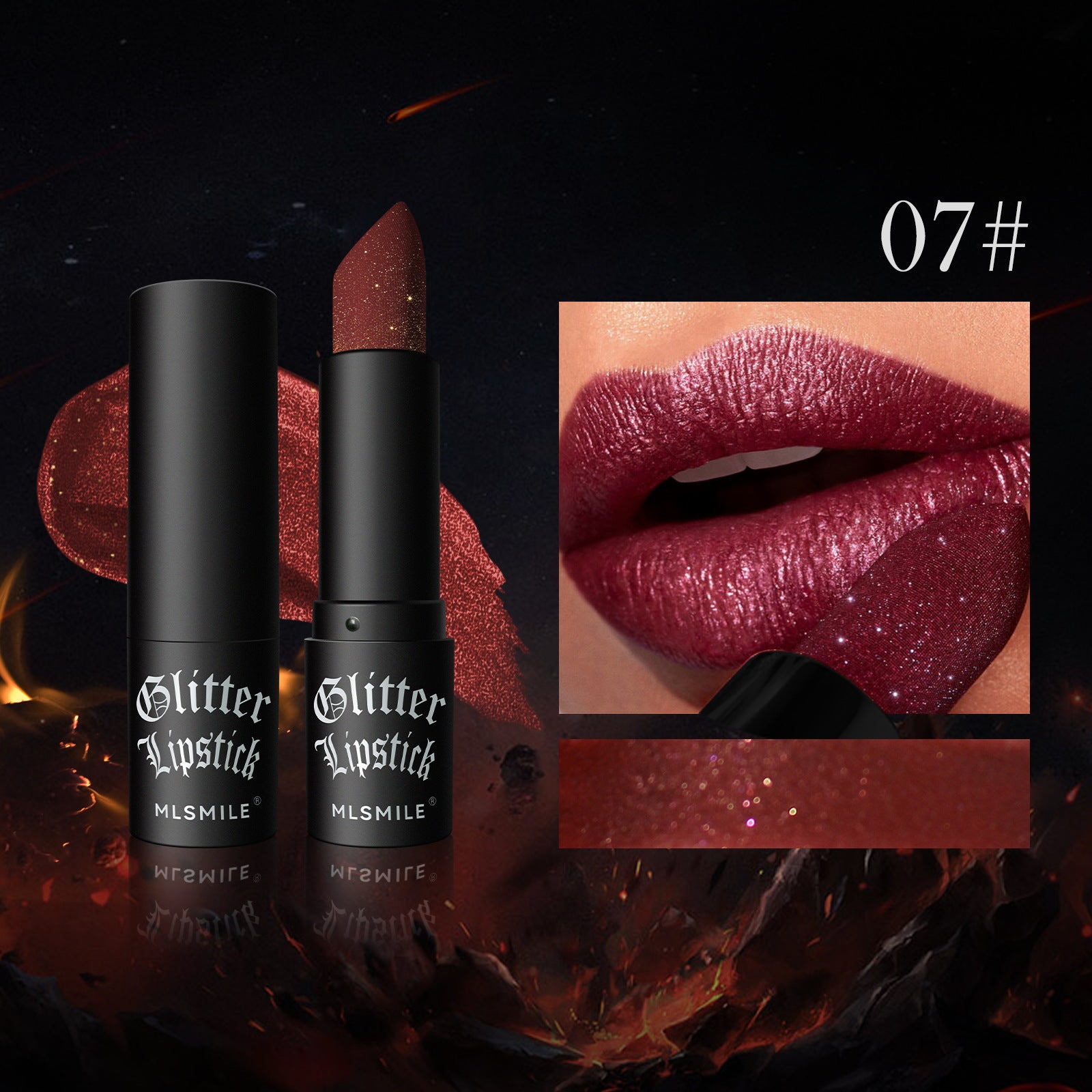 Two black glitter lipsticks with a close-up of a lip wearing the color, on a dark background.