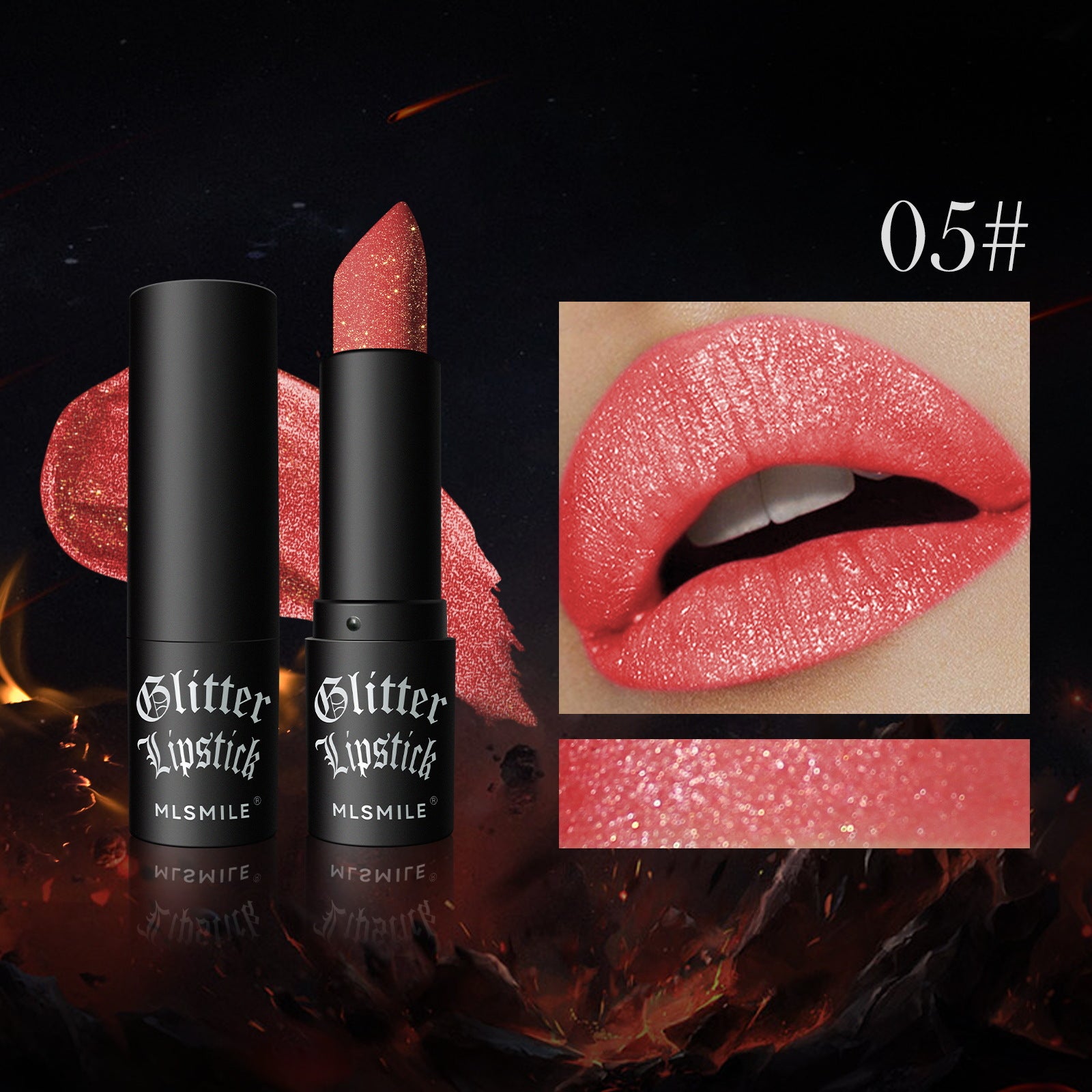 Two black glitter lipstick containers with a close-up of a lip wearing the lipstick and color swatch.